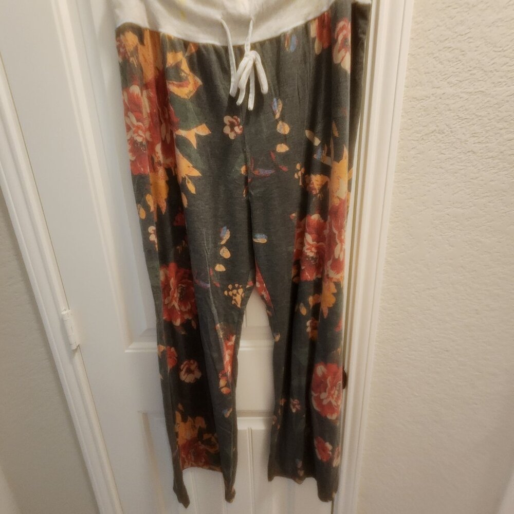 LONGYUAN Women's Comfy Pajama Pants Casual Stretch Pant Brown Green Flower 3XL